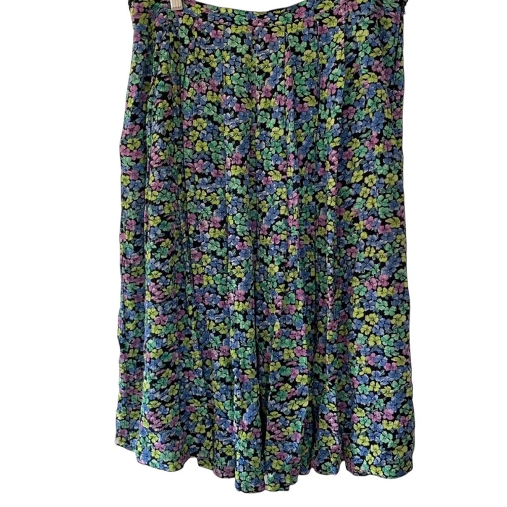 Vintage Rose Rist Size 14 Micro Floral Green Pleated Full Midi Skirt Boho Chic